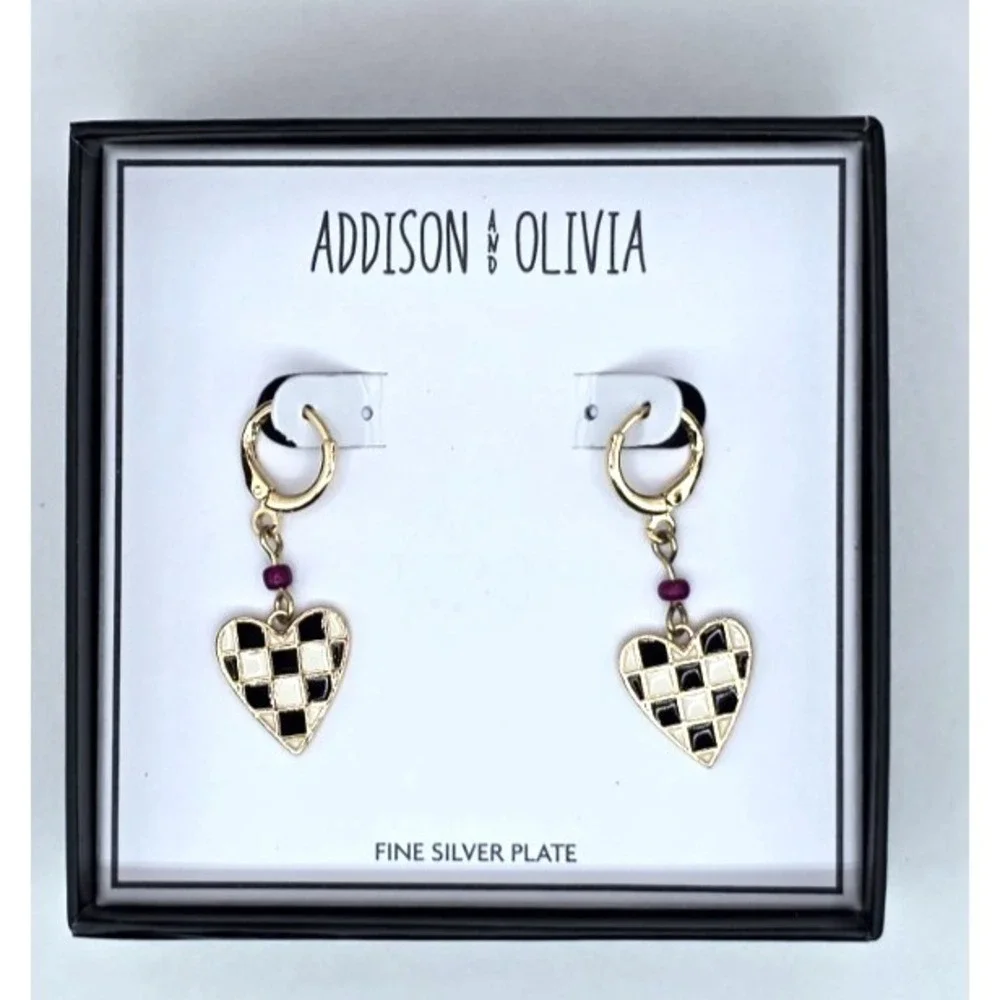 Addison and Olivia Checkered Black White Heart Huggie Earrings Gold Tone NEW